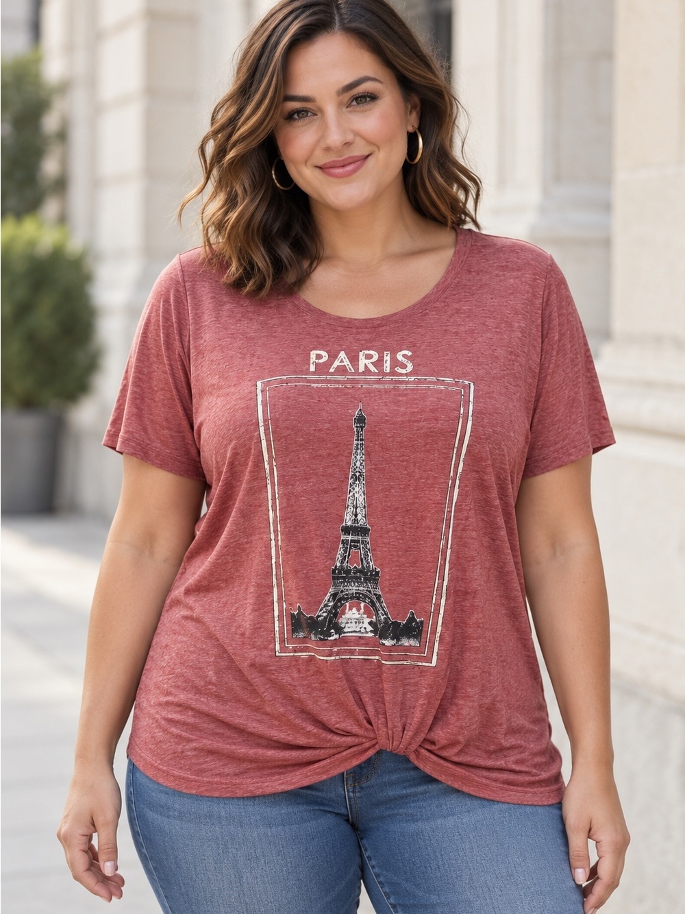 Paris Graphic Tee Knot Hem Casual Travel Shirt 2X Summer Casual Plus